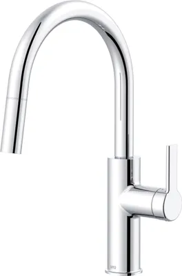 A product shot of a chrome kitchen faucet against a white background.