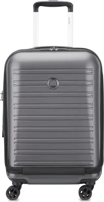 A gray Delsey Paris suitcase is shown against a white background.