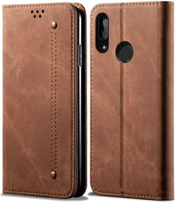 Produktbild von Huawei Y9 2019 Hülle, LaimTop Denim Leder Brieftasche Magnetverschluss Flip Bookstyle Schutzhülle mit Standfunktion für Huawei Y9 2019 Braun