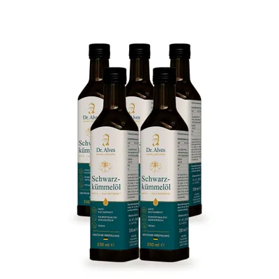 Produktbild von Dr. Alves Schwarzkümmelöl nativ 5 x 250 ml, kaltgepresst & mühlenfrisch, mild