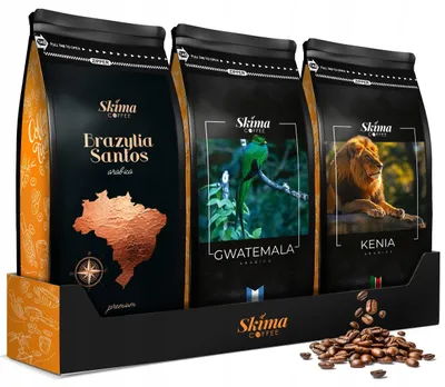 Zdjęcie produktu dla Kawa ziarnista 1kg x3 KENIA/GWATEMALA/BRAZYLIA SANTOS ARABICA Świeża + GRATIS