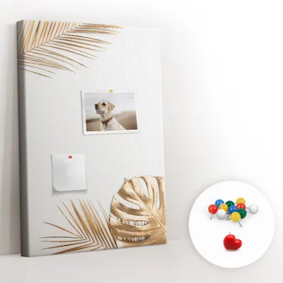Obrázek produktu pro Korková nástěnka s kolíčky - Tabule s kolíky pro fotografie a poznámky - 60x40 cm - Připínáčky barevné 100 kusů - Zlaté listy