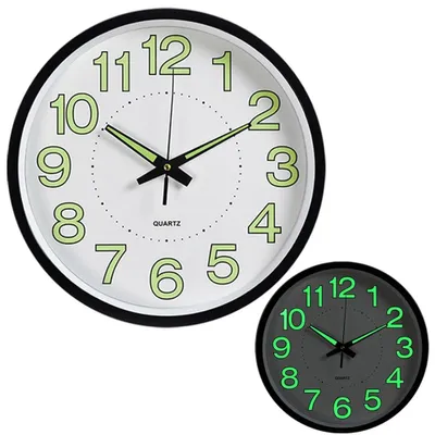 Two glowing wall clocks are shown against a white background. One clock is larger and in the foreground, while a smaller one is in the background.