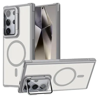 Produktbild von Conie MagSafe Schutzhülle für Samsung Galaxy S25 Ultra Hard Case Kunststoff Kamera Schutz Cover Hülle magnetisch mit Ständer in Grau