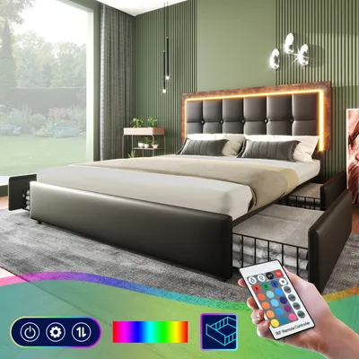 A modern bedroom with a black upholstered bed frame featuring a tufted headboard with integrated LED lighting. The bed has pull-out drawers underneath and is shown with a remote control for the LED lights.