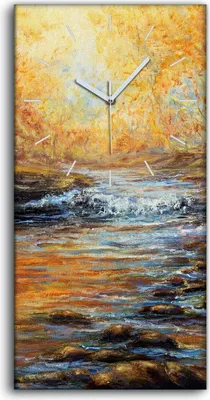 Produktbild von Küchenuhr Bürouhr Leinwand Uhr Geräuschlos 30x60 Landschaft Wasser Bäumen Herbst - weiße Hände