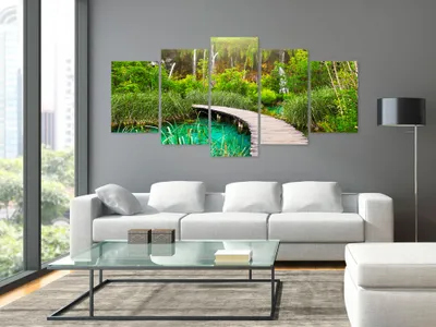 Image de Tableau acoustique Lac Forêt 200x100 cm Tableaux Mousse acoustique Absorbeur acoustique haute performance Isolation acoustique Toile 5 pièces Tableau mural Acoustique intérieure Isolation acoustique c-A-0080-b-n