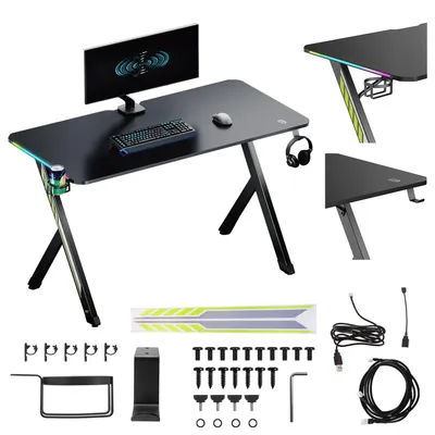 Immagine prodotto di Scrivania da gioco NanoRS, nera con supporto per cuffie e tazze Retroilluminazione RGB max. 75 kg Dimensioni 1200x600x750 mm RS102