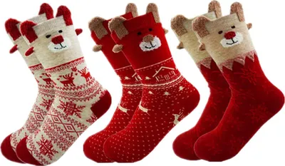 Produktbild von 3 Paar Winter Weihnachtssocken für Damen – Baumwollsocken mit Cartoon Motiven, wie Rentier und Santa Claus, Warm und Niedlich für die kalte Jahreszeit