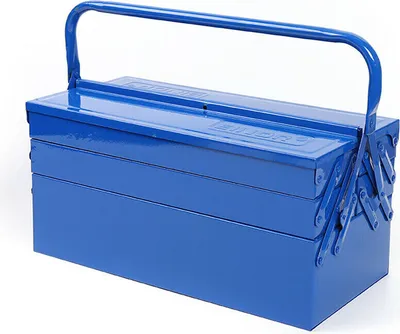 A blue metal toolbox with a handle and multiple compartments is shown against a white background.