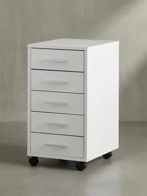 Produktbild von Schubladenschrank "Itter" Holz: 5 Schubladen, Rollen, melaminharzbeschichtet. Weiß, 33x38x63 cm | Kadima Design