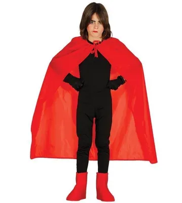 A child wearing a red cape and black outfit, posing for a product photo.