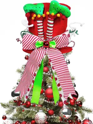 Image de TRANKIELO® - Chapeau pour sommet de sapin de Noël, 25 cm - Chapeau rouge avec ruban ivoire et rayé - Fabriqué en feutre durable et en soie