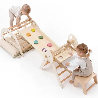 Produktbild von 5-in-1 Klettergerüst Indoor aus Holz mit Rutsche – Kletterdreieck Montessori für Kinder ab 1 Jahr, Indoor Spielplatz Baby Kletterset & Kunstset
