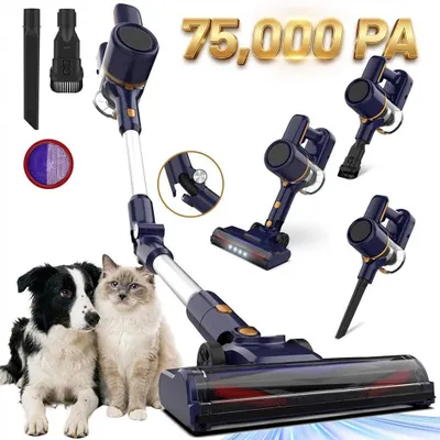 Produktbild von Akku Staubsauger 75000Pa/65Min/1,7 L Staubsauger Kabellos mit Beutel, 50dB leise/6-Stufen-Filter/LED Display, Ideal für Böden/Teppiche/Auto