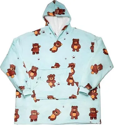 Hellblaue übergroße Kapuzen-Decke-Sweatshirt mit einem Allover-Muster aus braunen Teddybären und Pfotenabdrücken