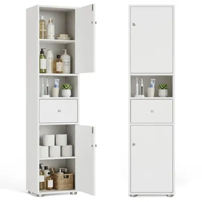 Produktbild von HOKEEPER Badezimmerschrank Weiß Schmal – Beistellschrank mit Schublade & offenem Fach – Freistehender Hochschrank für Badezimmer, Wohnzimmer