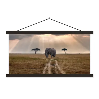 Produktbild von MuchoWow® Textilposter Elefant - Tiere - Wiese - Sonne 90x45 cm mit schwarzem Rahmen - Klemmleisten