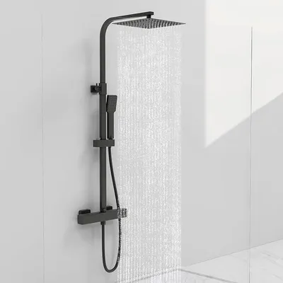 Produktbild von Duschsystem mit Thermostat 38 °C, Duschsäule aus Edelstahl mit Badmischer, 1 Strahlarten Duschkopf, Quadratischer Duschkopf 25x25CM, Schwarz