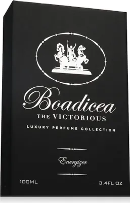 A black box for a perfume bottle with white text and graphics.