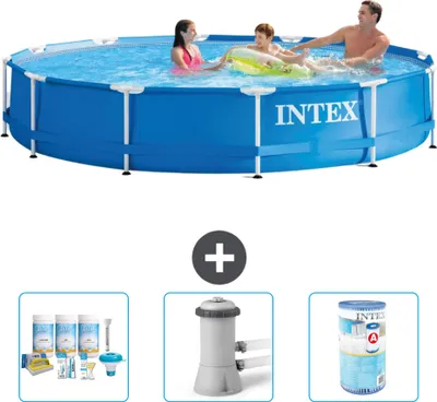Produktbild von Intex-Schwimmbecken mit rundem Rahmen – 366 x 76 cm – Blau – im Lieferumfang enthalten Wartungspaket - Filterpumpe für Schwimmbad - Filter