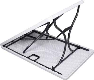 A white folding table with black metal legs, shown in a partially folded state.