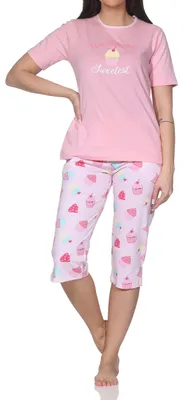 Produktbild von Normann Damen kurzarm Capri Schlafanzug Shorty – Süßes Cupcake-Motiv – auch in Übergrößen ; rosa , 44