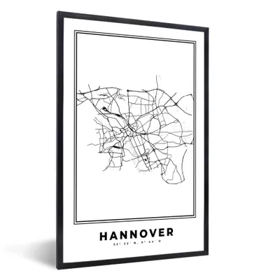 Produktbild von MuchoWow® Gerahmtes Poster Stadtplan - Schwarz-weiß - Karte - Hannover - Deutschland - Karte 40x60 cm - Poster mit Schwarzem Bilderrahmen Wandposter Rahmen Foto Bilder - Papierdruck - Wandbilder