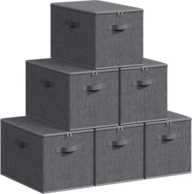 Zdjęcie produktu dla Pojemnik do przechowywania z pokrywą - zestaw 6 sztuk - Składany pojemnik materiałowy - 45 litrów - 50 x 30 x 30 cm - Szary