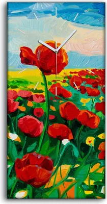 Produktbild von Wanduhr Uhr Wandbild Leinwand 30x60 Bild Natur Landschaft Mohn Blume wiese - weiße Hände