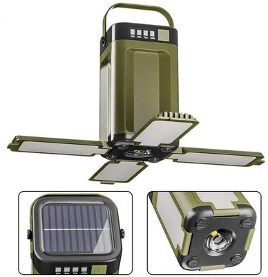 Obrázek produktu pro Solární LED lampa do stanu 2000 mAh, dobíjecí, vodotěsná (IPX4), 6 poloh, přenosná, výklopná o 90 stupňů, 4 LED diody, osvětlení na kempování, dvoudílná sada