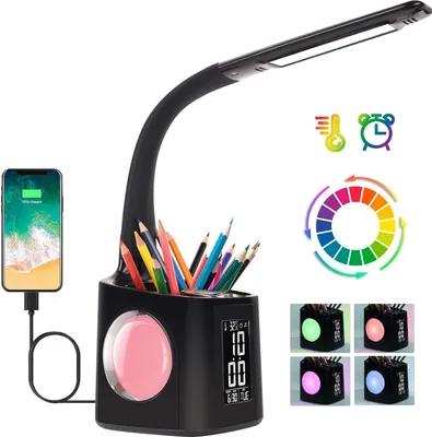 Produktbild von OKWISH Schreibtischlampe Kinder LED, Tischlampe 10W Touch Dimmbar, Nachttischlampe Tischleuchte 7 in 1 mit 3 Helligkeitsstufen/USB-Anschluss/256 RGB/Stifthalter/Uhr/Kalender und LCD-Bildschirm Leselicht Büro Schwarz