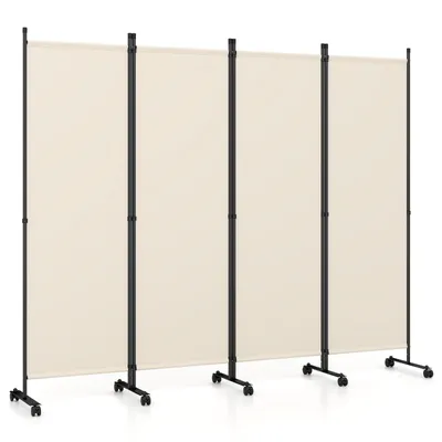 Produktbild von COSTWAY 225 x 173 cm Raumteiler auf Rollen, Paravent 4 teilig, Trennwand faltbar, Sichtschutz (Weiß)