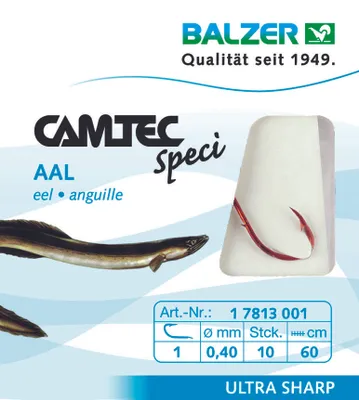 Produktbild von Balzer Camtec Aalhaken 60cm rot - 10 gebundene Angelhaken, Hakengröße/Schnurdurchmesser:Gr. 8 / 0.25mm