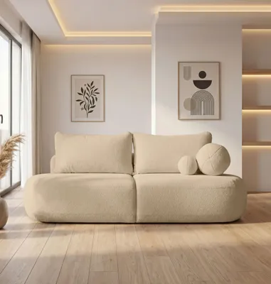 Produktbild von Schlafsofa mit Bettkasten – 3-Sitzer Sofa Couch mit Schlaffunktion – Skandinavische Polstercouch mit Rücken- und Dekokissen für Wohnzimmer – Weicher Boucle in Beige