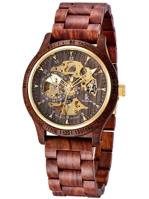 Produktbild von Alienwork Automatikuhr Armbanduhr Herren Rot Holz-Armband Schwarz Skelett Natur-Holz