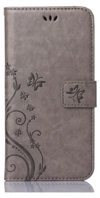 A close-up, front-facing view of a gray flip phone case with a floral and butterfly embossed design.