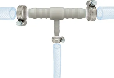 Produktbild von tecuro Schlauchverbinder T Stück, reduziert Ø 10 x 7 x 10 mm, mit Edelstahlschlauchschellen - Nylon weiß