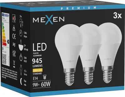 Obrázok produktu pre Mexen Nova 3x LED žiarovka E14, G45, 9 W, teplá – 3000 K, 945 lm – L101-E14-0930-01x03