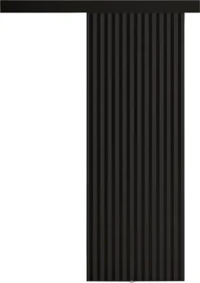 A dark gray sliding door with vertical slats is shown against a white background.