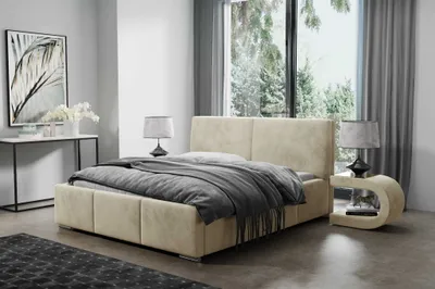 Produktbild von AGMAT Polsterbett FIGO mit Kopfteil, 200 x 200 cm, Doppelbett mit Bettkasten und Lattenrost aus Metall, Velourstoff: Beige