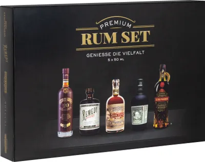 Produktbild von Premium Rum Tasting Set 5 x 0,05 l | Ron Centenario Solera 20 Fundación, Remedy Spiced Rum, Don Papa Rum 7 Jahre, Botucal Reserva Exclusiva & Ron Prohibido Gran Reserva Solera 15
