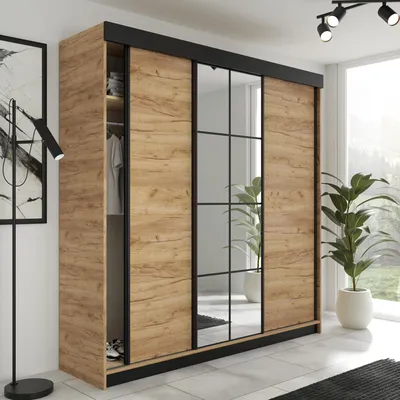 Produktbild von FurMeb24 3-türiger Schiebetürenschrank LAMER 200x205 cm Kleiderschrank mit Spiegel (goldene Eiche + goldene Eiche)