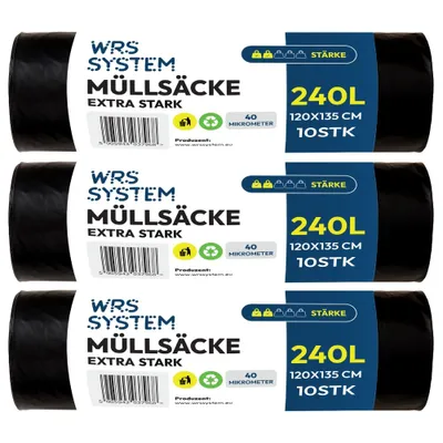 Produktbild von WRS System 3er Set Müllsäcke 240L 3x10 Stk. Strapazierfähige Müllbeutel Mülltüte Bausäcke Bauschuttsäcke - Schwarz - universell für Abfallbehälter