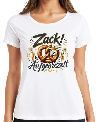 Produktbild von Zack! Aufgebrezelt Bayern Brezel Wiesn Trachtenshirt Lederhose Damen T-Shirt, Weiß, L