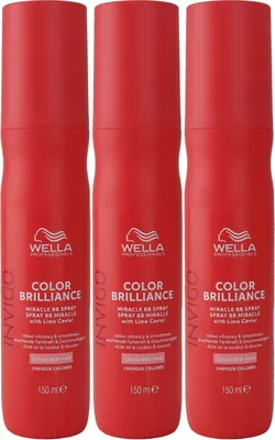 Three red spray bottles of Wella Invigo Color Brilliance Miracle BB Spray arranged side-by-side.
