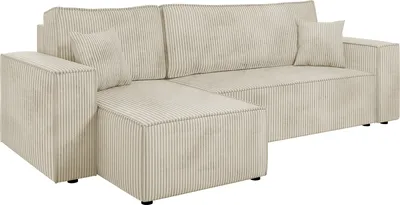 A beige corduroy sectional sofa with a chaise lounge is shown against a white background.