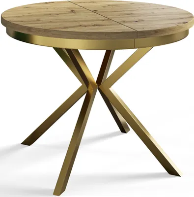 A round dining table with a wooden top and gold metal legs, isolated on a white background.