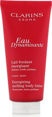 A red tube of Clarins Eau Dynamisante Energizing Melting Body Lotion.