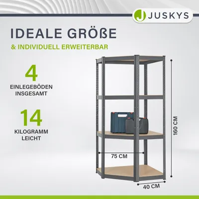 Produktbild von Juskys Eckregal Metall Grau Corner Easy 160x75x40-75 cm, 4 Böden, Stecksystem, max. 320 kg (80 kg/Boden), Kunststofffüße